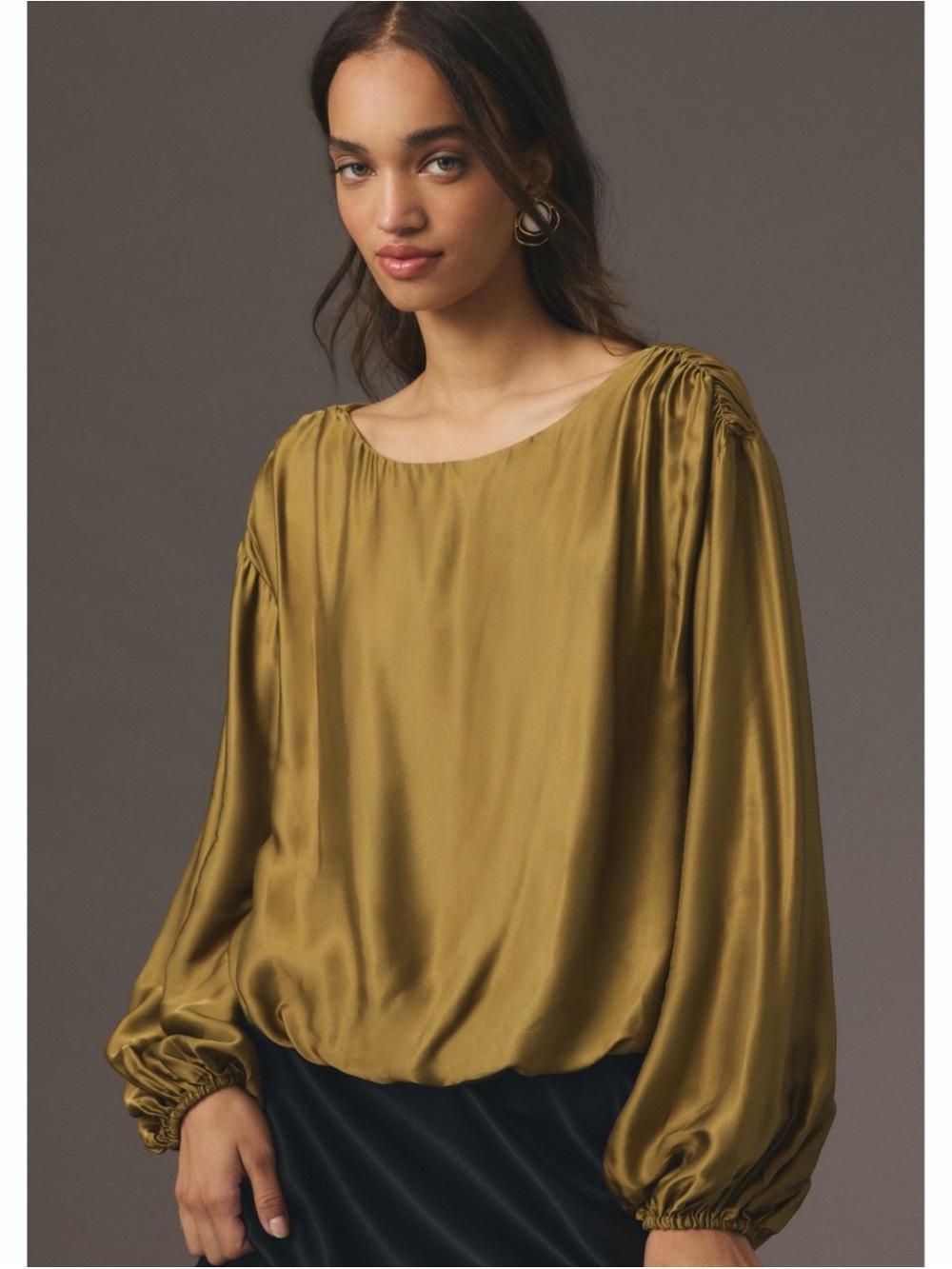 Anthropologie Olive Balloon Sleeve Blouse Office Work Round Neck Keyhole Back XS